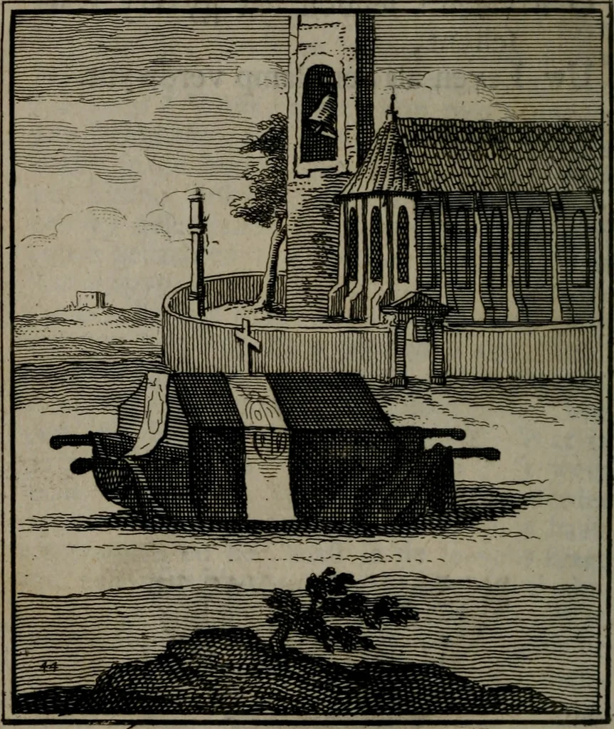 An illustration from De kapelle der dooden, of, De algemeene doodenspiegel : in welken all menschen, van wat staat of rang zy zyn mogen, zich tot hun nut konnen beschouwen : om indagtig ti zyn het memento mori, gedenkt te sterven ..., 1737, leaf 211