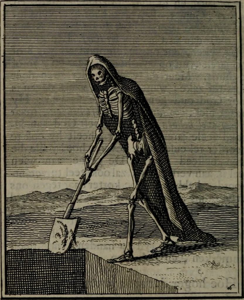 An illustration from De kapelle der dooden, of, De algemeene doodenspiegel : in welken all menschen, van wat staat of rang zy zyn mogen, zich tot hun nut konnen beschouwen : om indagtig ti zyn het memento mori, gedenkt te sterven ..., 1737, leaf 219