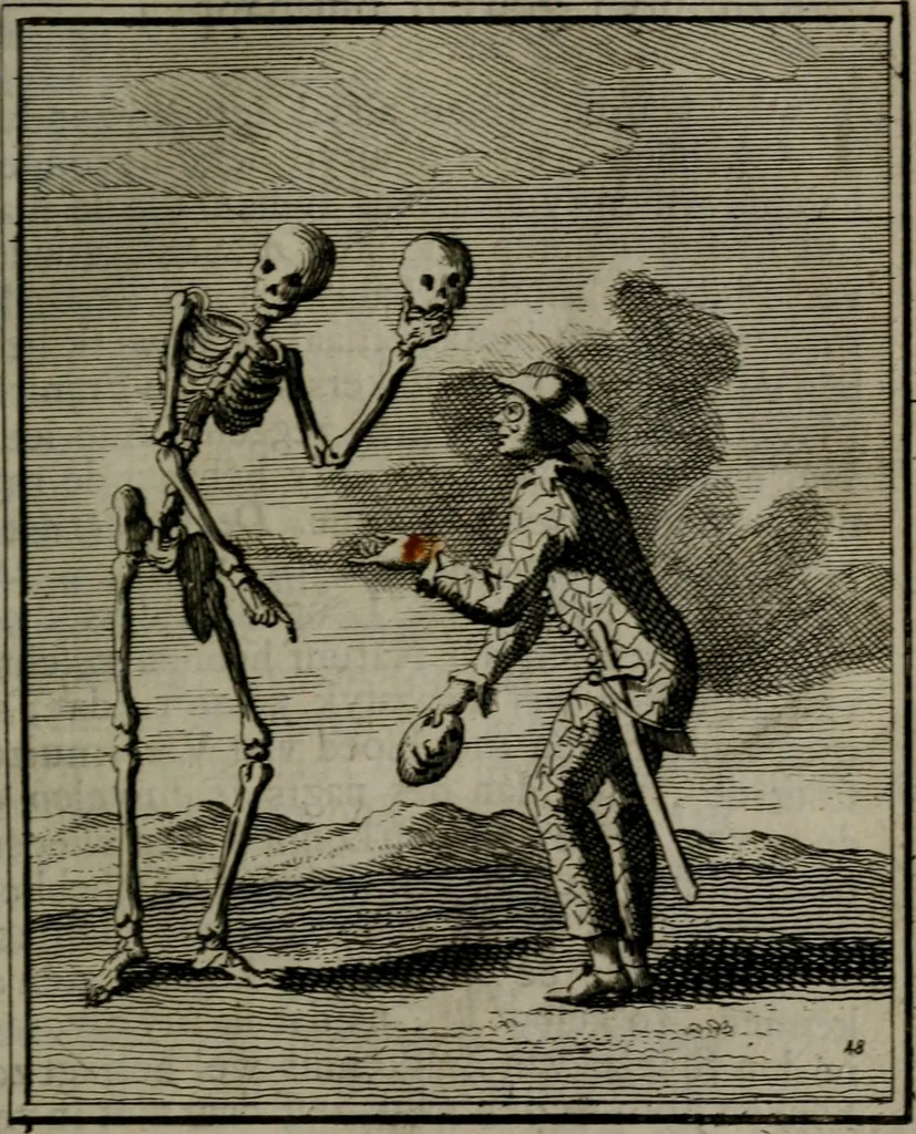 An illustration from De kapelle der dooden, of, De algemeene doodenspiegel : in welken all menschen, van wat staat of rang zy zyn mogen, zich tot hun nut konnen beschouwen : om indagtig ti zyn het memento mori, gedenkt te sterven ..., 1737, leaf 228