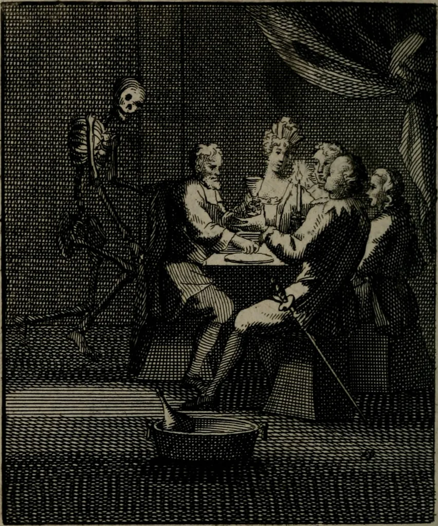 An illustration from De kapelle der dooden, of, De algemeene doodenspiegel : in welken all menschen, van wat staat of rang zy zyn mogen, zich tot hun nut konnen beschouwen : om indagtig ti zyn het memento mori, gedenkt te sterven ..., 1737, leaf 233