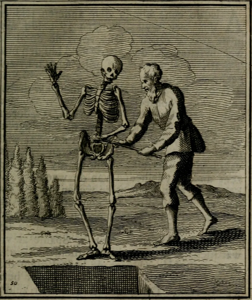 An illustration from De kapelle der dooden, of, De algemeene doodenspiegel : in welken all menschen, van wat staat of rang zy zyn mogen, zich tot hun nut konnen beschouwen : om indagtig ti zyn het memento mori, gedenkt te sterven ..., 1737, leaf 236
