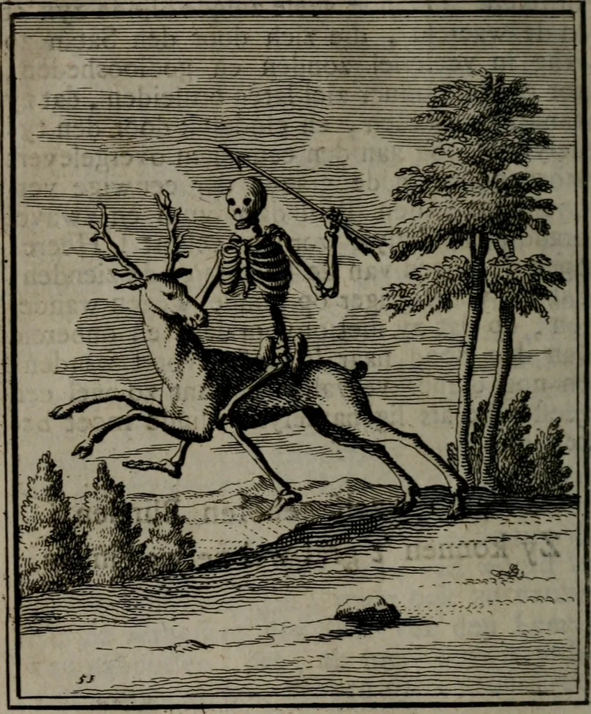 An illustration from De kapelle der dooden, of, De algemeene doodenspiegel : in welken all menschen, van wat staat of rang zy zyn mogen, zich tot hun nut konnen beschouwen : om indagtig ti zyn het memento mori, gedenkt te sterven ..., 1737, leaf 241