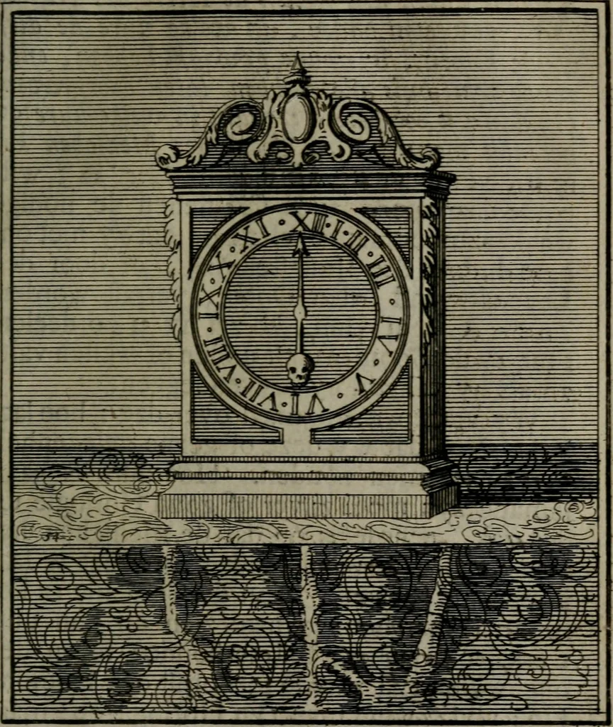 An illustration from De kapelle der dooden, of, De algemeene doodenspiegel : in welken all menschen, van wat staat of rang zy zyn mogen, zich tot hun nut konnen beschouwen : om indagtig ti zyn het memento mori, gedenkt te sterven ..., 1737, leaf 254