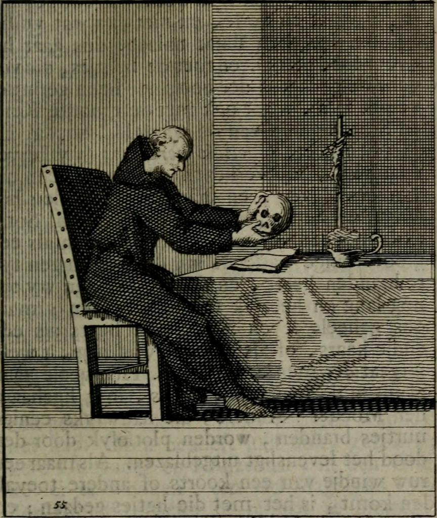 An illustration from De kapelle der dooden, of, De algemeene doodenspiegel : in welken all menschen, van wat staat of rang zy zyn mogen, zich tot hun nut konnen beschouwen : om indagtig ti zyn het memento mori, gedenkt te sterven ..., 1737, leaf 258