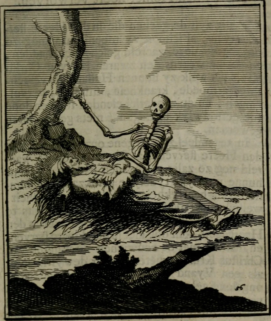 An illustration from De kapelle der dooden, of, De algemeene doodenspiegel : in welken all menschen, van wat staat of rang zy zyn mogen, zich tot hun nut konnen beschouwen : om indagtig ti zyn het memento mori, gedenkt te sterven ..., 1737, leaf 262