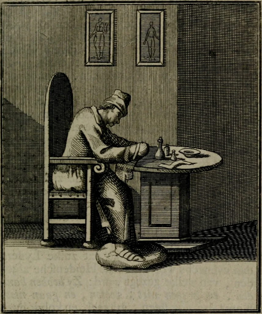 An illustration from De kapelle der dooden, of, De algemeene doodenspiegel : in welken all menschen, van wat staat of rang zy zyn mogen, zich tot hun nut konnen beschouwen : om indagtig ti zyn het memento mori, gedenkt te sterven ..., 1737, leaf 266