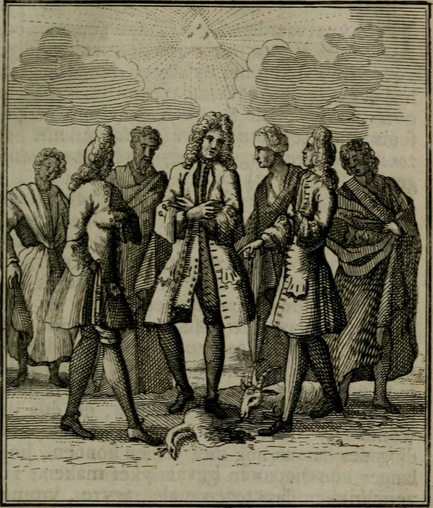 An illustration from De kapelle der dooden, of, De algemeene doodenspiegel : in welken all menschen, van wat staat of rang zy zyn mogen, zich tot hun nut konnen beschouwen : om indagtig ti zyn het memento mori, gedenkt te sterven ..., 1737, leaf 282
