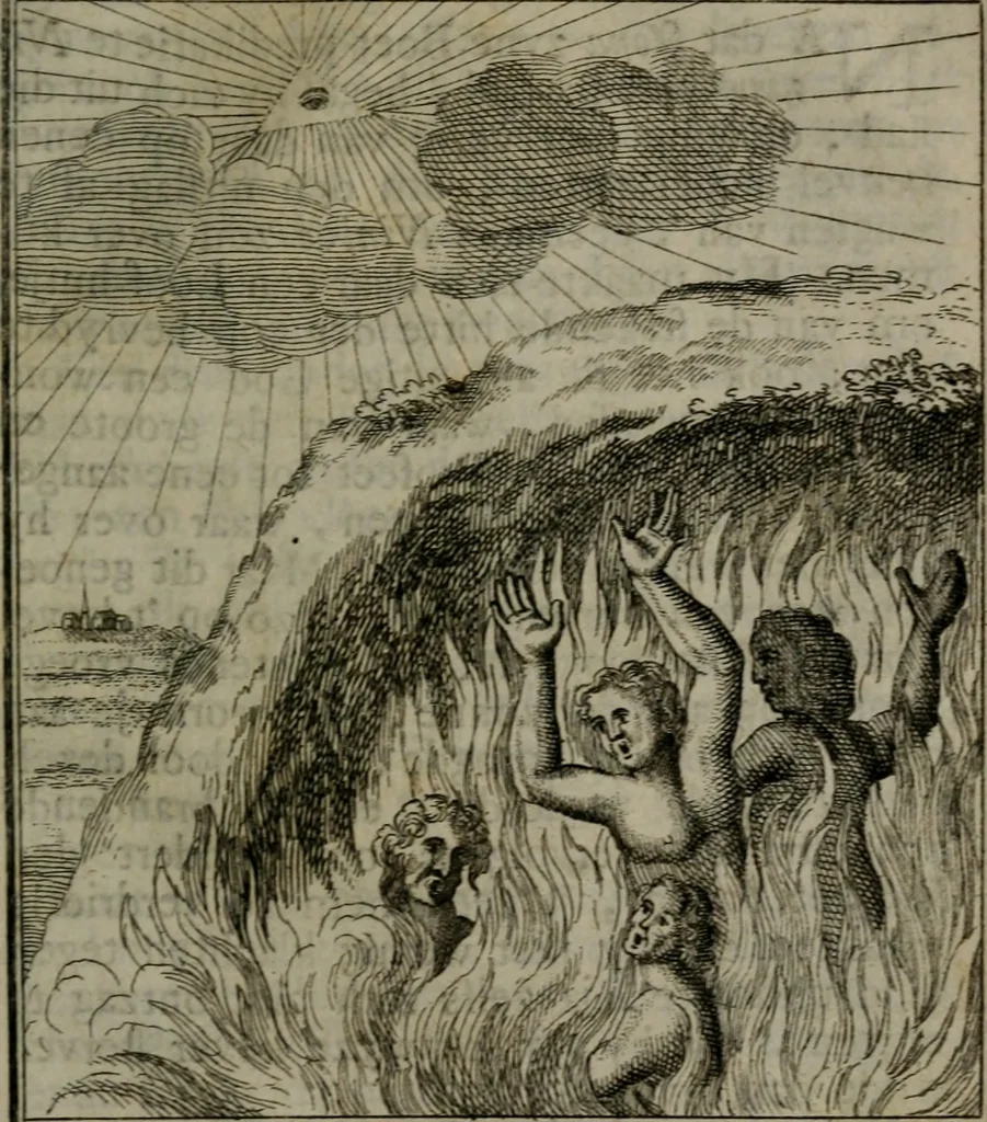 An illustration from De kapelle der dooden, of, De algemeene doodenspiegel : in welken all menschen, van wat staat of rang zy zyn mogen, zich tot hun nut konnen beschouwen : om indagtig ti zyn het memento mori, gedenkt te sterven ..., 1737, leaf 286