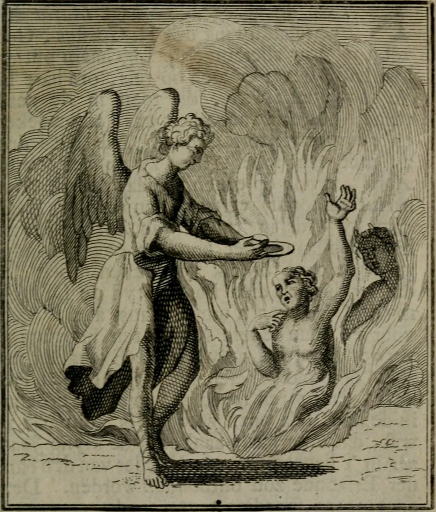 An illustration from De kapelle der dooden, of, De algemeene doodenspiegel : in welken all menschen, van wat staat of rang zy zyn mogen, zich tot hun nut konnen beschouwen : om indagtig ti zyn het memento mori, gedenkt te sterven ..., 1737, leaf 296