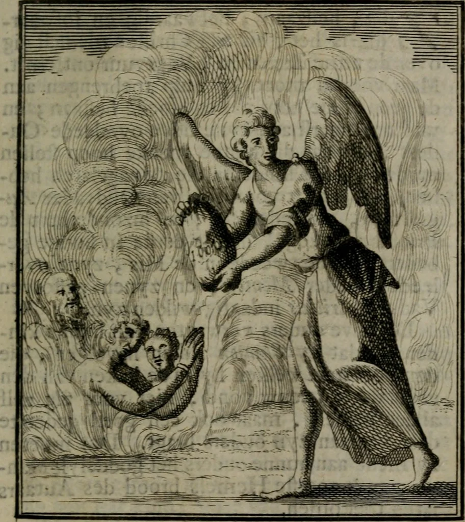 An illustration from De kapelle der dooden, of, De algemeene doodenspiegel : in welken all menschen, van wat staat of rang zy zyn mogen, zich tot hun nut konnen beschouwen : om indagtig ti zyn het memento mori, gedenkt te sterven ..., 1737, leaf 310