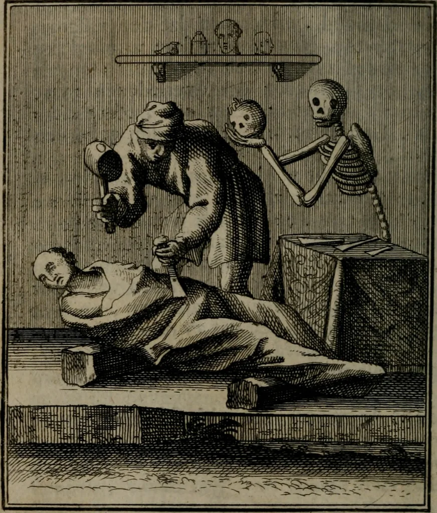 An illustration from De kapelle der dooden, of, De algemeene doodenspiegel : in welken all menschen, van wat staat of rang zy zyn mogen, zich tot hun nut konnen beschouwen : om indagtig ti zyn het memento mori, gedenkt te sterven ..., 1737, leaf 315
