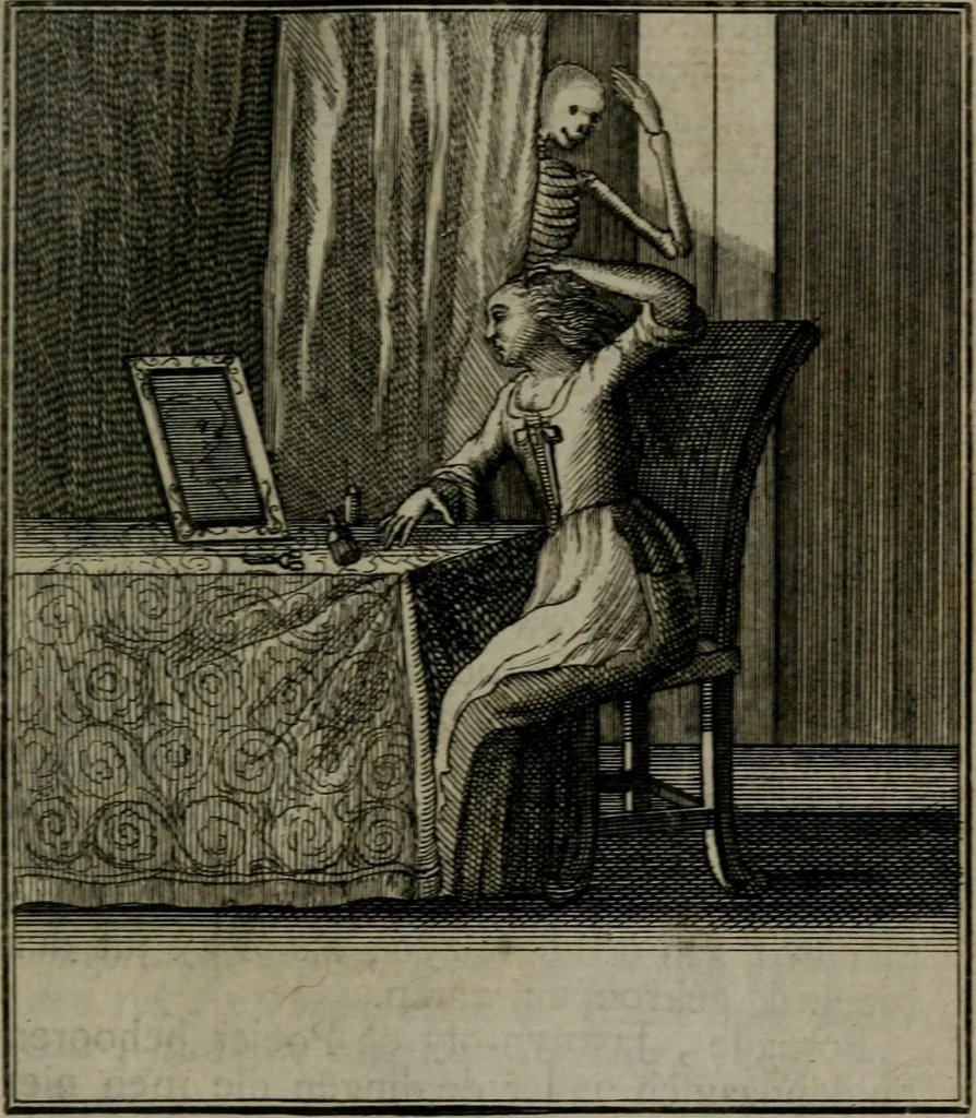 An illustration from De kapelle der dooden, of, De algemeene doodenspiegel : in welken all menschen, van wat staat of rang zy zyn mogen, zich tot hun nut konnen beschouwen : om indagtig ti zyn het memento mori, gedenkt te sterven ..., 1737, leaf 318