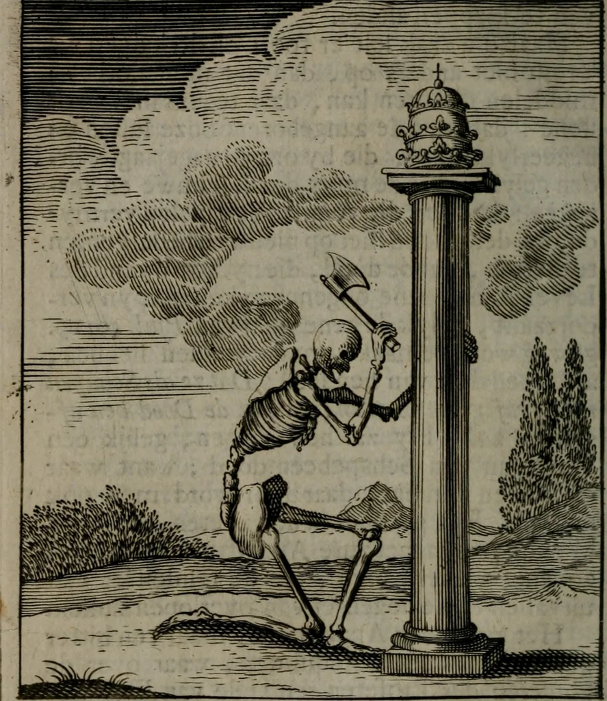 An illustration from De kapelle der dooden, of, De algemeene doodenspiegel : in welken all menschen, van wat staat of rang zy zyn mogen, zich tot hun nut konnen beschouwen : om indagtig ti zyn het memento mori, gedenkt te sterven ..., 1737, leaf 33