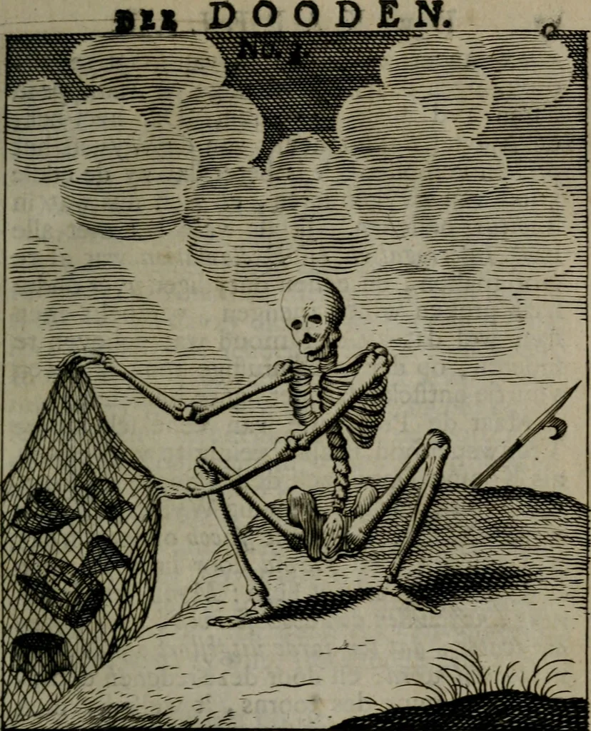An illustration from De kapelle der dooden, of, De algemeene doodenspiegel : in welken all menschen, van wat staat of rang zy zyn mogen, zich tot hun nut konnen beschouwen : om indagtig ti zyn het memento mori, gedenkt te sterven ..., 1737, leaf 36