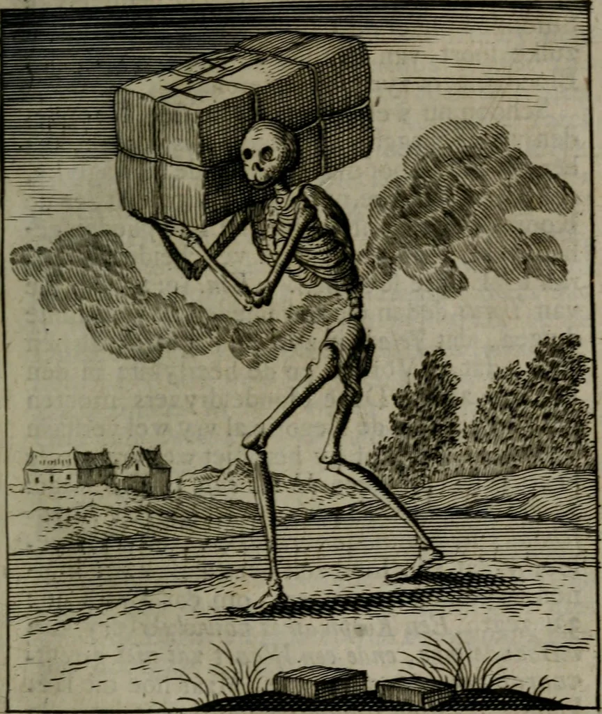 An illustration from De kapelle der dooden, of, De algemeene doodenspiegel : in welken all menschen, van wat staat of rang zy zyn mogen, zich tot hun nut konnen beschouwen : om indagtig ti zyn het memento mori, gedenkt te sterven ..., 1737, leaf 42
