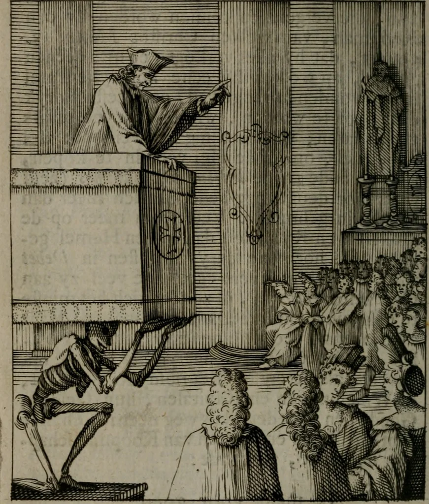 An illustration from De kapelle der dooden, of, De algemeene doodenspiegel : in welken all menschen, van wat staat of rang zy zyn mogen, zich tot hun nut konnen beschouwen : om indagtig ti zyn het memento mori, gedenkt te sterven ..., 1737, leaf 45