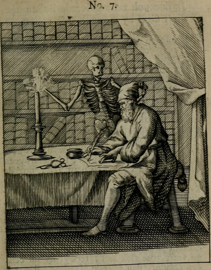 An illustration from De kapelle der dooden, of, De algemeene doodenspiegel : in welken all menschen, van wat staat of rang zy zyn mogen, zich tot hun nut konnen beschouwen : om indagtig ti zyn het memento mori, gedenkt te sterven ..., 1737, leaf 50