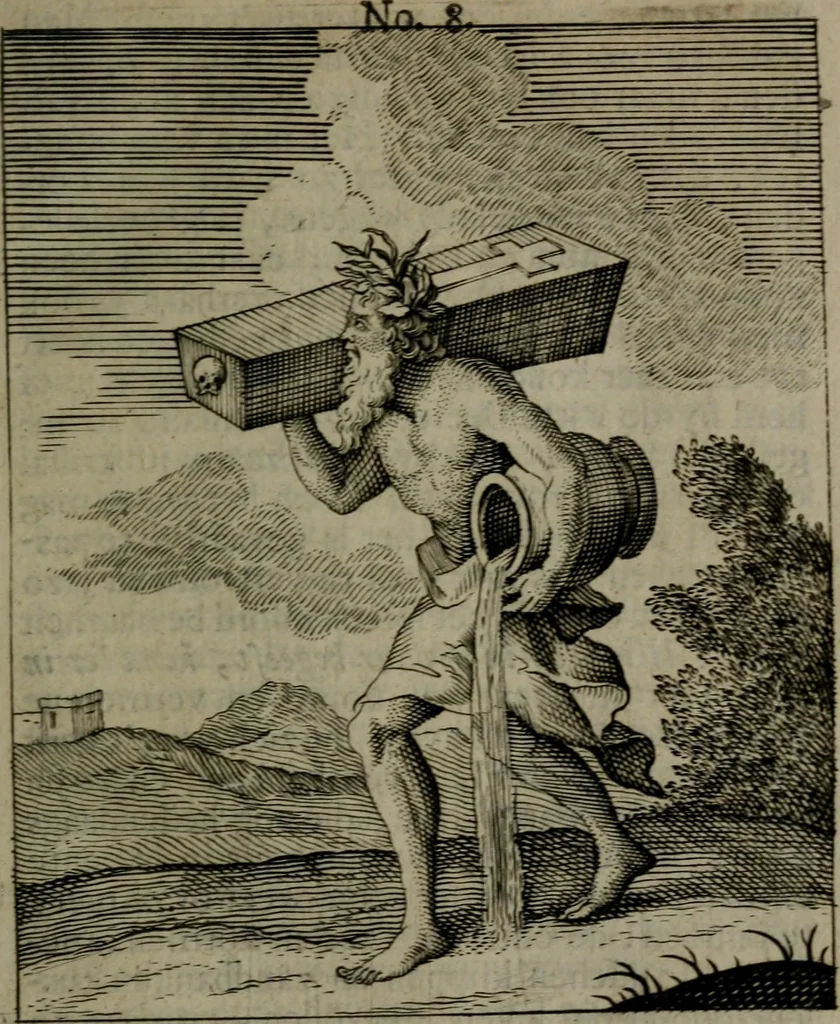 An illustration from De kapelle der dooden, of, De algemeene doodenspiegel : in welken all menschen, van wat staat of rang zy zyn mogen, zich tot hun nut konnen beschouwen : om indagtig ti zyn het memento mori, gedenkt te sterven ..., 1737, leaf 56