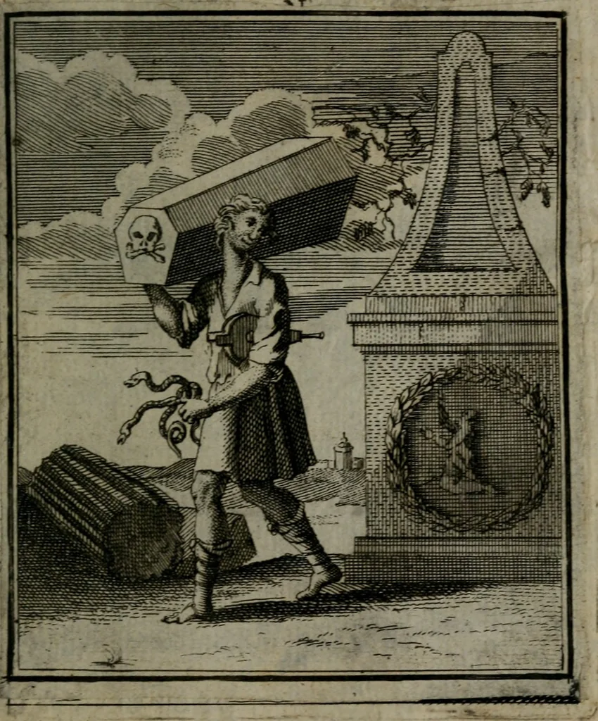 An illustration from De kapelle der dooden, of, De algemeene doodenspiegel : in welken all menschen, van wat staat of rang zy zyn mogen, zich tot hun nut konnen beschouwen : om indagtig ti zyn het memento mori, gedenkt te sterven ..., 1737, leaf 60