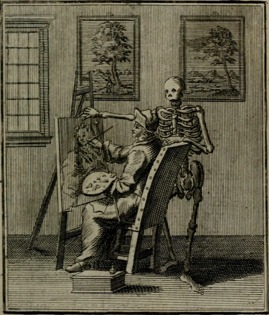 An illustration from De kapelle der dooden, of, De algemeene doodenspiegel : in welken all menschen, van wat staat of rang zy zyn mogen, zich tot hun nut konnen beschouwen : om indagtig ti zyn het memento mori, gedenkt te sterven ..., 1737, leaf 64
