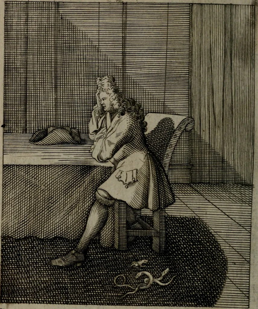An illustration from De kapelle der dooden, of, De algemeene doodenspiegel : in welken all menschen, van wat staat of rang zy zyn mogen, zich tot hun nut konnen beschouwen : om indagtig ti zyn het memento mori, gedenkt te sterven ..., 1737, leaf 67
