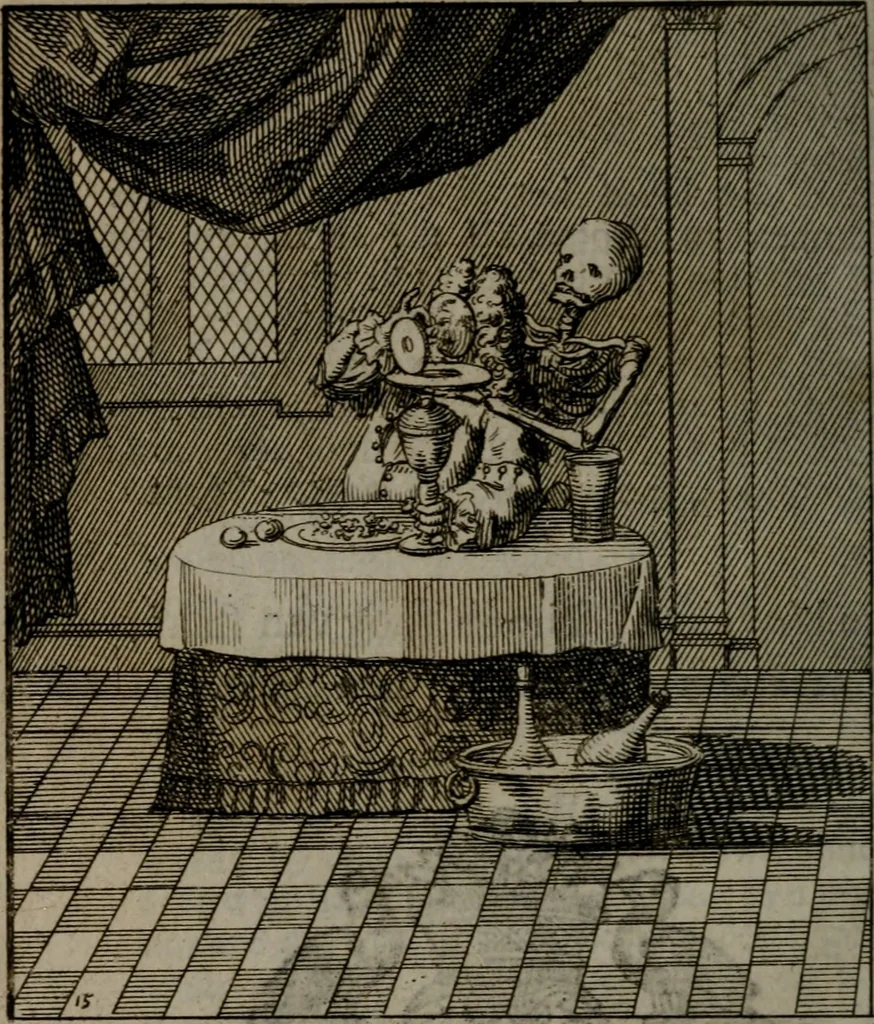An illustration from De kapelle der dooden, of, De algemeene doodenspiegel : in welken all menschen, van wat staat of rang zy zyn mogen, zich tot hun nut konnen beschouwen : om indagtig ti zyn het memento mori, gedenkt te sterven ..., 1737, leaf 85