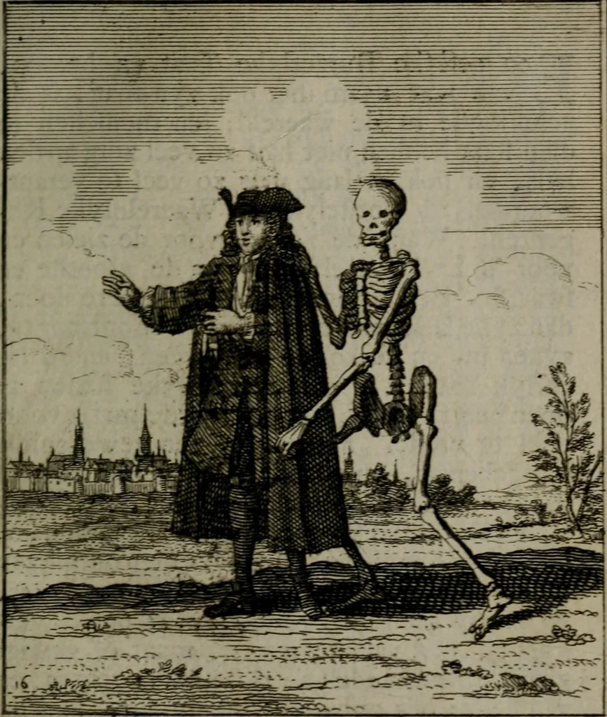 An illustration from De kapelle der dooden, of, De algemeene doodenspiegel : in welken all menschen, van wat staat of rang zy zyn mogen, zich tot hun nut konnen beschouwen : om indagtig ti zyn het memento mori, gedenkt te sterven ..., 1737, leaf 90