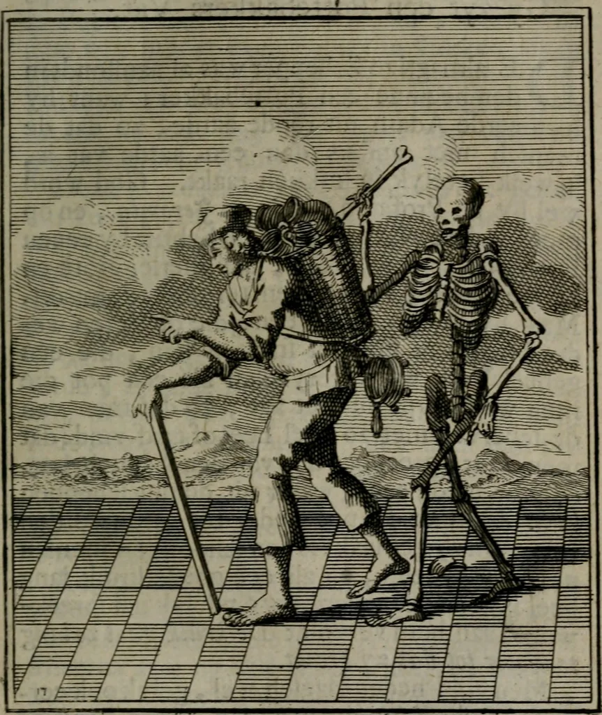 An illustration from De kapelle der dooden, of, De algemeene doodenspiegel : in welken all menschen, van wat staat of rang zy zyn mogen, zich tot hun nut konnen beschouwen : om indagtig ti zyn het memento mori, gedenkt te sterven ..., 1737, leaf 94