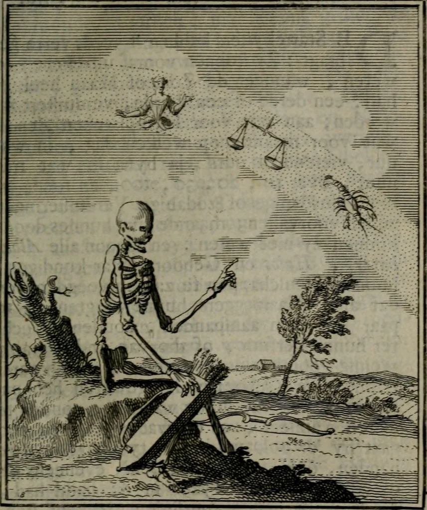 An illustration from De kapelle der dooden, of, De algemeene doodenspiegel : in welken all menschen, van wat staat of rang zy zyn mogen, zich tot hun nut konnen beschouwen : om indagtig ti zyn het memento mori, gedenkt te sterven ..., 1737, leaf 98