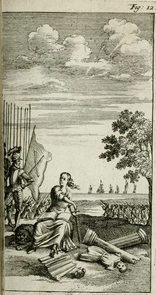 An illustration from De konincklycke triumphe : vertoonende alle de eerpoorten, met desselfs besondere sinne-beelden, en hare beschryvinge, ten getale van in de 60, opgerecht in s' Gravenhage 1691 ter eere van Willem de III koningh van Groot Brittanjen, 1691, leaf 100