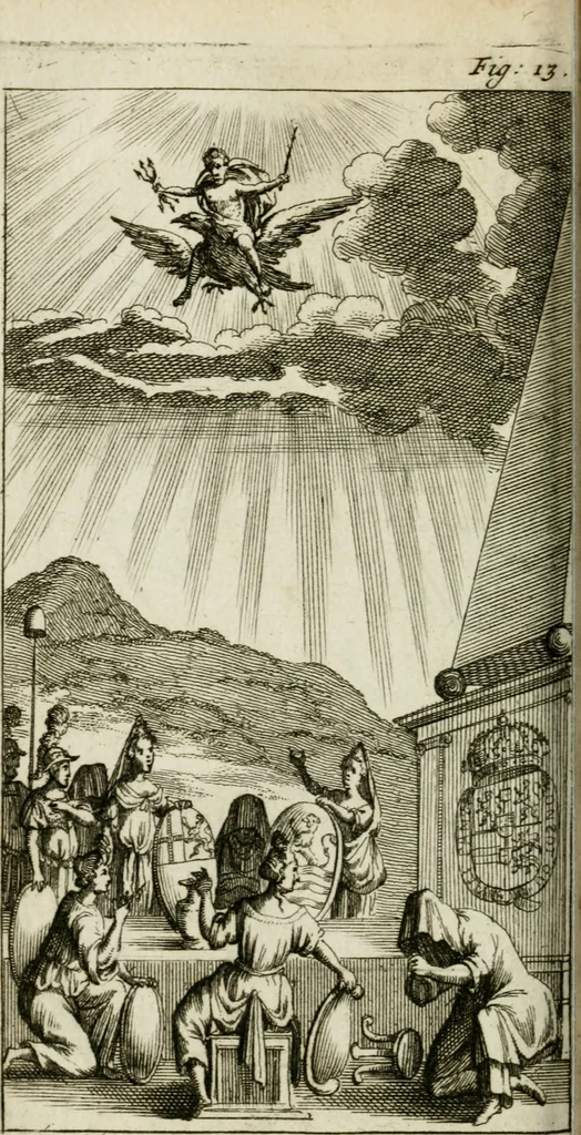 An illustration from De konincklycke triumphe : vertoonende alle de eerpoorten, met desselfs besondere sinne-beelden, en hare beschryvinge, ten getale van in de 60, opgerecht in s' Gravenhage 1691 ter eere van Willem de III koningh van Groot Brittanjen, 1691, leaf 103
