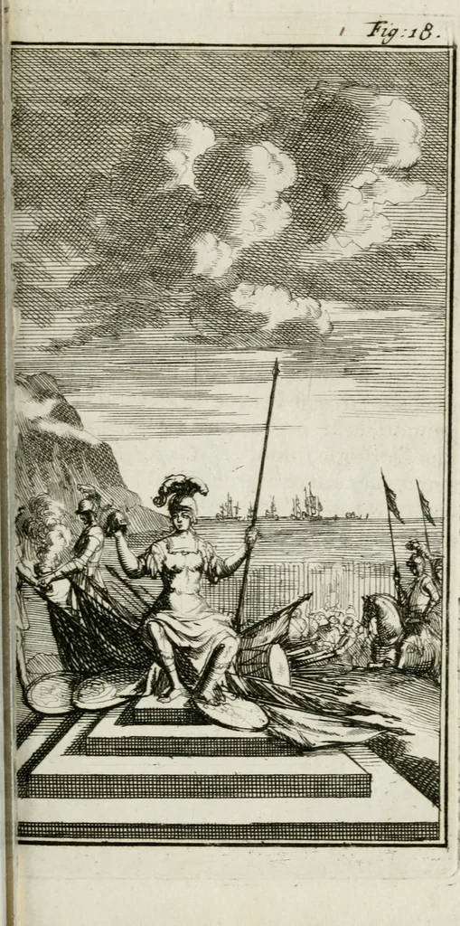 An illustration from De konincklycke triumphe : vertoonende alle de eerpoorten, met desselfs besondere sinne-beelden, en hare beschryvinge, ten getale van in de 60, opgerecht in s' Gravenhage 1691 ter eere van Willem de III koningh van Groot Brittanjen, 1691, leaf 118