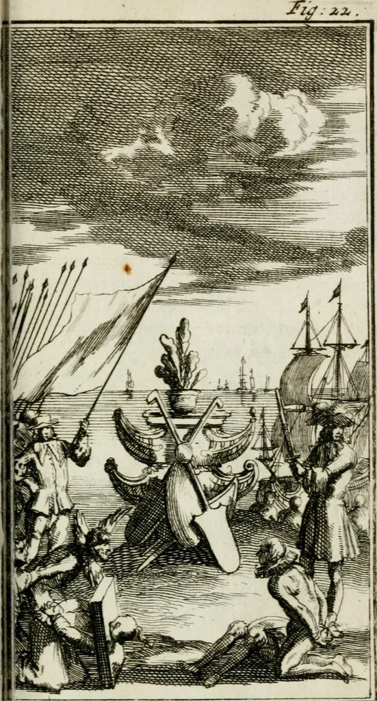 An illustration from De konincklycke triumphe : vertoonende alle de eerpoorten, met desselfs besondere sinne-beelden, en hare beschryvinge, ten getale van in de 60, opgerecht in s' Gravenhage 1691 ter eere van Willem de III koningh van Groot Brittanjen, 1691, leaf 130