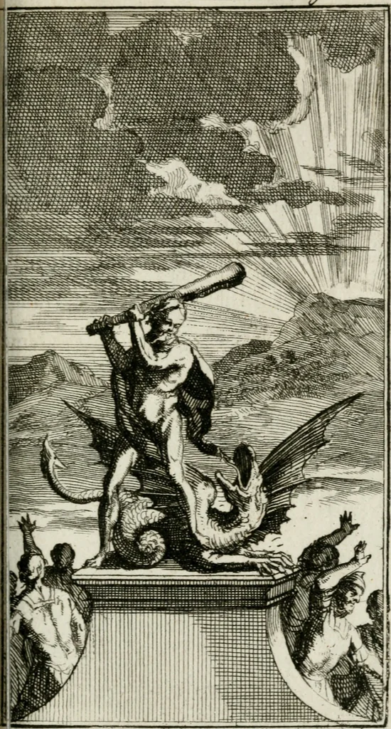 An illustration from De konincklycke triumphe : vertoonende alle de eerpoorten, met desselfs besondere sinne-beelden, en hare beschryvinge, ten getale van in de 60, opgerecht in s' Gravenhage 1691 ter eere van Willem de III koningh van Groot Brittanjen, 1691, leaf 148