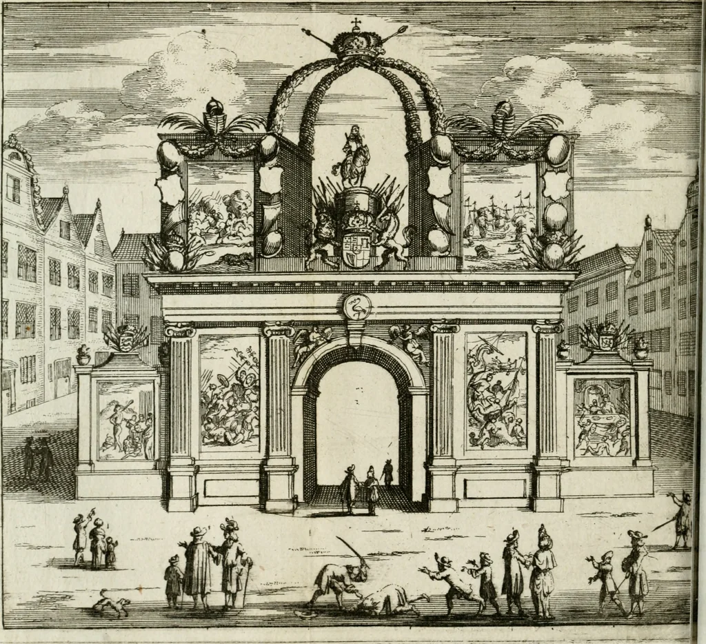 An illustration from De konincklycke triumphe : vertoonende alle de eerpoorten, met desselfs besondere sinne-beelden, en hare beschryvinge, ten getale van in de 60, opgerecht in s' Gravenhage 1691 ter eere van Willem de III koningh van Groot Brittanjen, 1691, leaf 169