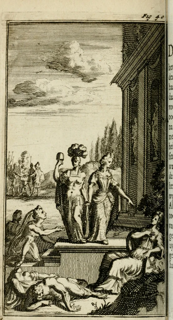 An illustration from De konincklycke triumphe : vertoonende alle de eerpoorten, met desselfs besondere sinne-beelden, en hare beschryvinge, ten getale van in de 60, opgerecht in s' Gravenhage 1691 ter eere van Willem de III koningh van Groot Brittanjen, 1691, leaf 187