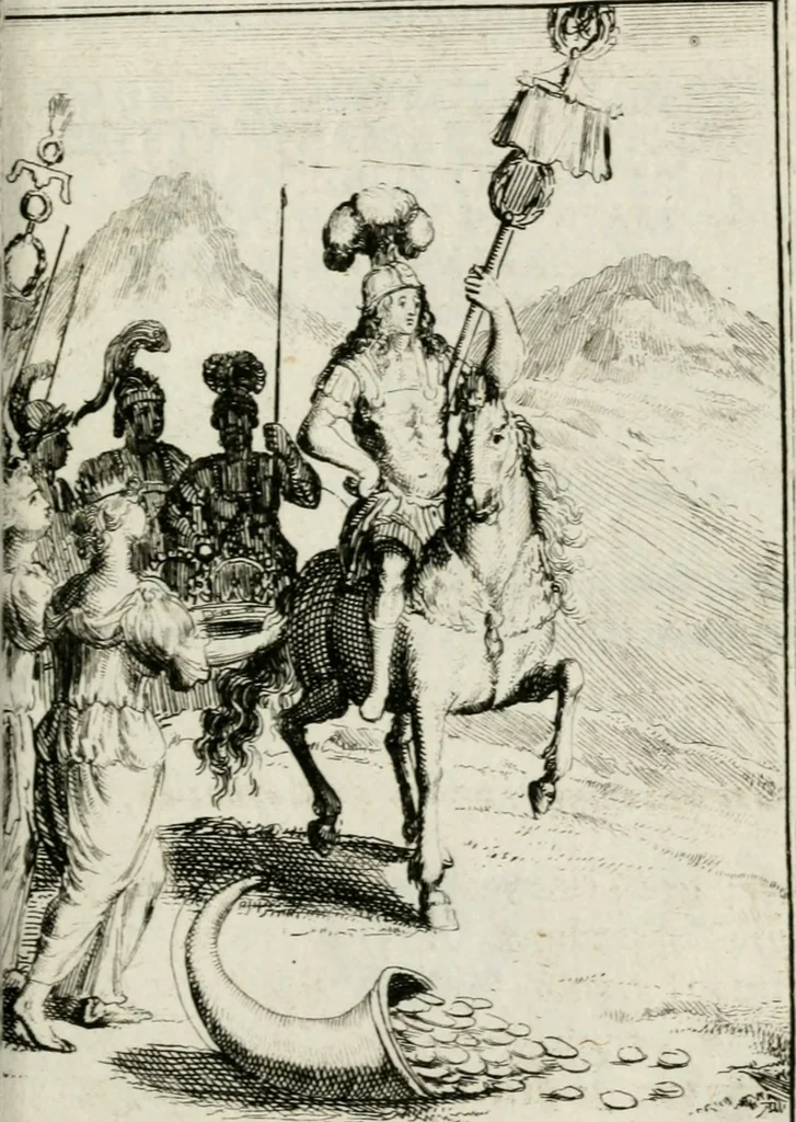 An illustration from De konincklycke triumphe : vertoonende alle de eerpoorten, met desselfs besondere sinne-beelden, en hare beschryvinge, ten getale van in de 60, opgerecht in s' Gravenhage 1691 ter eere van Willem de III koningh van Groot Brittanjen, 1691, leaf 214