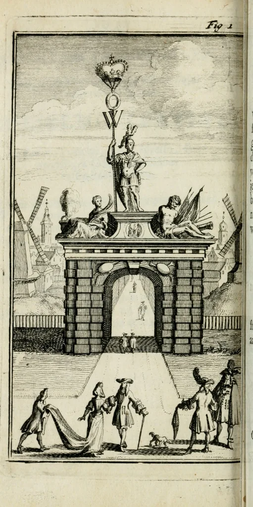 An illustration from De konincklycke triumphe : vertoonende alle de eerpoorten, met desselfs besondere sinne-beelden, en hare beschryvinge, ten getale van in de 60, opgerecht in s' Gravenhage 1691 ter eere van Willem de III koningh van Groot Brittanjen, 1691, leaf 63