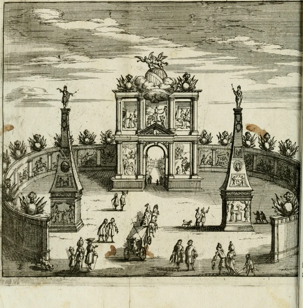 An illustration from De konincklycke triumphe : vertoonende alle de eerpoorten, met desselfs besondere sinne-beelden, en hare beschryvinge, ten getale van in de 60, opgerecht in s' Gravenhage 1691 ter eere van Willem de III koningh van Groot Brittanjen, 1691, leaf 77