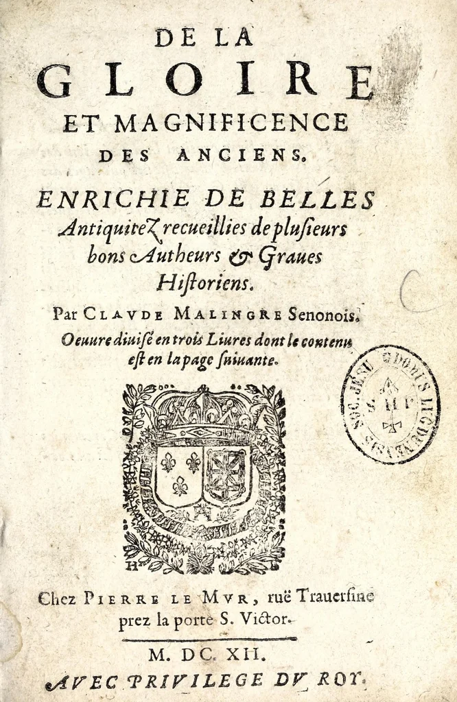 An illustration from De la gloire et magnificence des anciens : enrichie de belles antiquitez recueillies de plusieurs bons autheurs et graues historiens, 1612, leaf 5