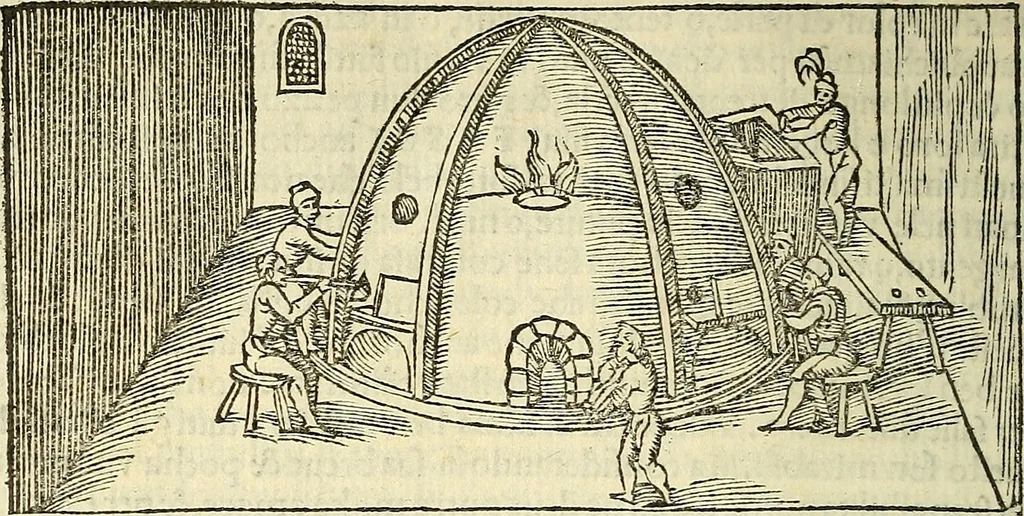 An illustration from De la pirotechnia : Libri X. doue ampiamente si tratta non solo di ogni sorte & diuersita di miniere, ma anchora quanto si ricerca intorno à la prattica di quelle cose di quel che si appartiene à l'arte de la fusione ouer gitto de metalli come d'ogni altra cosa simile à questa, 1540, leaf 107