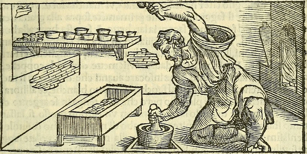 An illustration from De la pirotechnia : Libri X. doue ampiamente si tratta non solo di ogni sorte & diuersita di miniere, ma anchora quanto si ricerca intorno à la prattica di quelle cose di quel che si appartiene à l'arte de la fusione ouer gitto de metalli come d'ogni altra cosa simile à questa, 1540, leaf 110