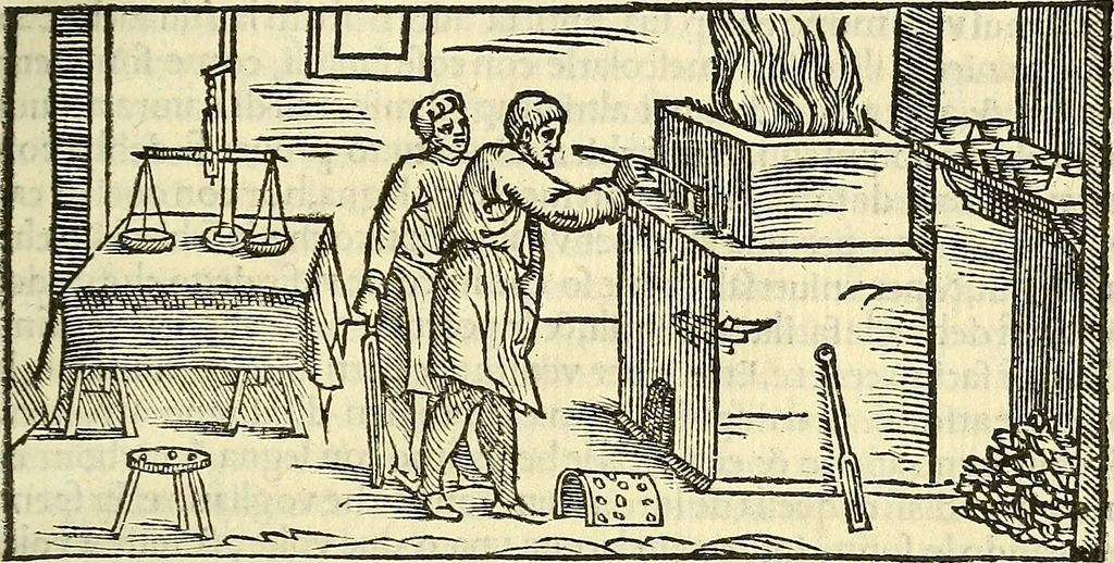 An illustration from De la pirotechnia : Libri X. doue ampiamente si tratta non solo di ogni sorte & diuersita di miniere, ma anchora quanto si ricerca intorno à la prattica di quelle cose di quel che si appartiene à l'arte de la fusione ouer gitto de metalli come d'ogni altra cosa simile à questa, 1540, leaf 112
