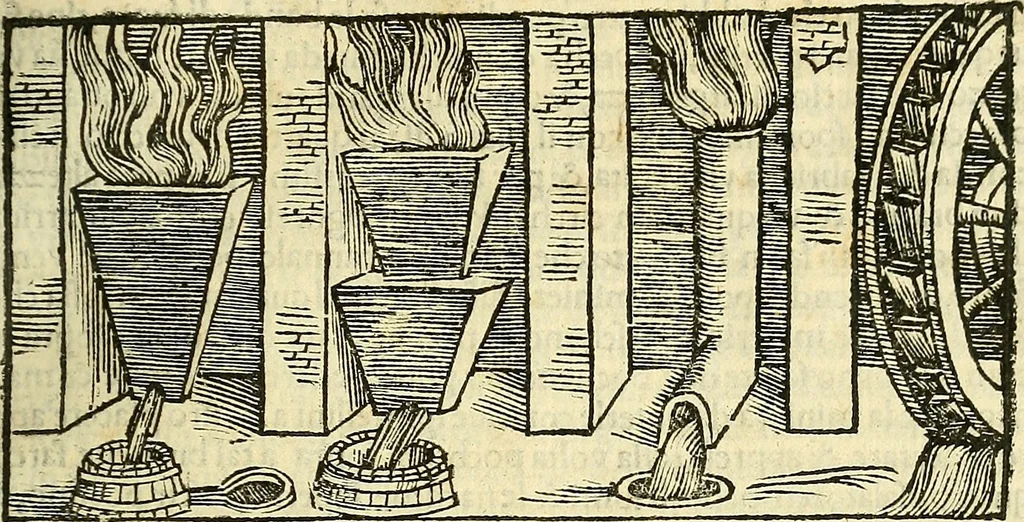 An illustration from De la pirotechnia : Libri X. doue ampiamente si tratta non solo di ogni sorte & diuersita di miniere, ma anchora quanto si ricerca intorno à la prattica di quelle cose di quel che si appartiene à l'arte de la fusione ouer gitto de metalli come d'ogni altra cosa simile à questa, 1540, leaf 120