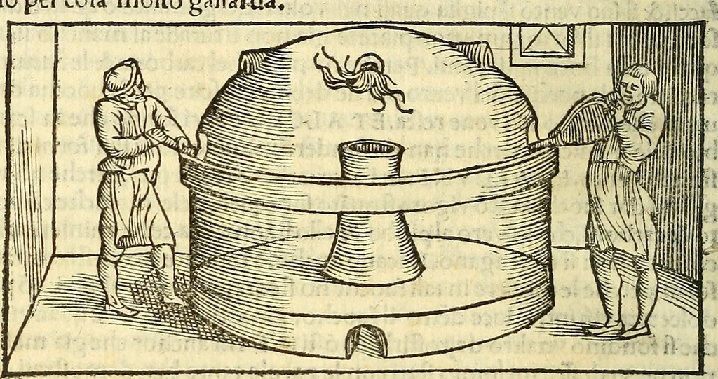 An illustration from De la pirotechnia : Libri X. doue ampiamente si tratta non solo di ogni sorte & diuersita di miniere, ma anchora quanto si ricerca intorno à la prattica di quelle cose di quel che si appartiene à l'arte de la fusione ouer gitto de metalli come d'ogni altra cosa simile à questa, 1540, leaf 121