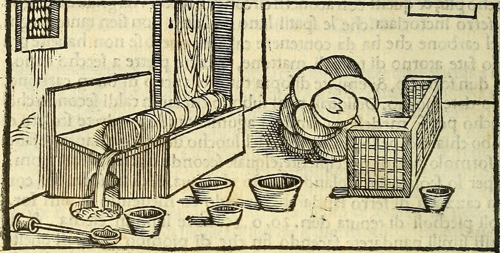 An illustration from De la pirotechnia : Libri X. doue ampiamente si tratta non solo di ogni sorte & diuersita di miniere, ma anchora quanto si ricerca intorno à la prattica di quelle cose di quel che si appartiene à l'arte de la fusione ouer gitto de metalli come d'ogni altra cosa simile à questa, 1540, leaf 127