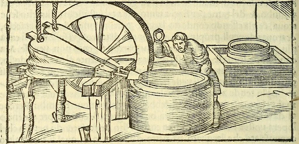 An illustration from De la pirotechnia : Libri X. doue ampiamente si tratta non solo di ogni sorte & diuersita di miniere, ma anchora quanto si ricerca intorno à la prattica di quelle cose di quel che si appartiene à l'arte de la fusione ouer gitto de metalli come d'ogni altra cosa simile à questa, 1540, leaf 133