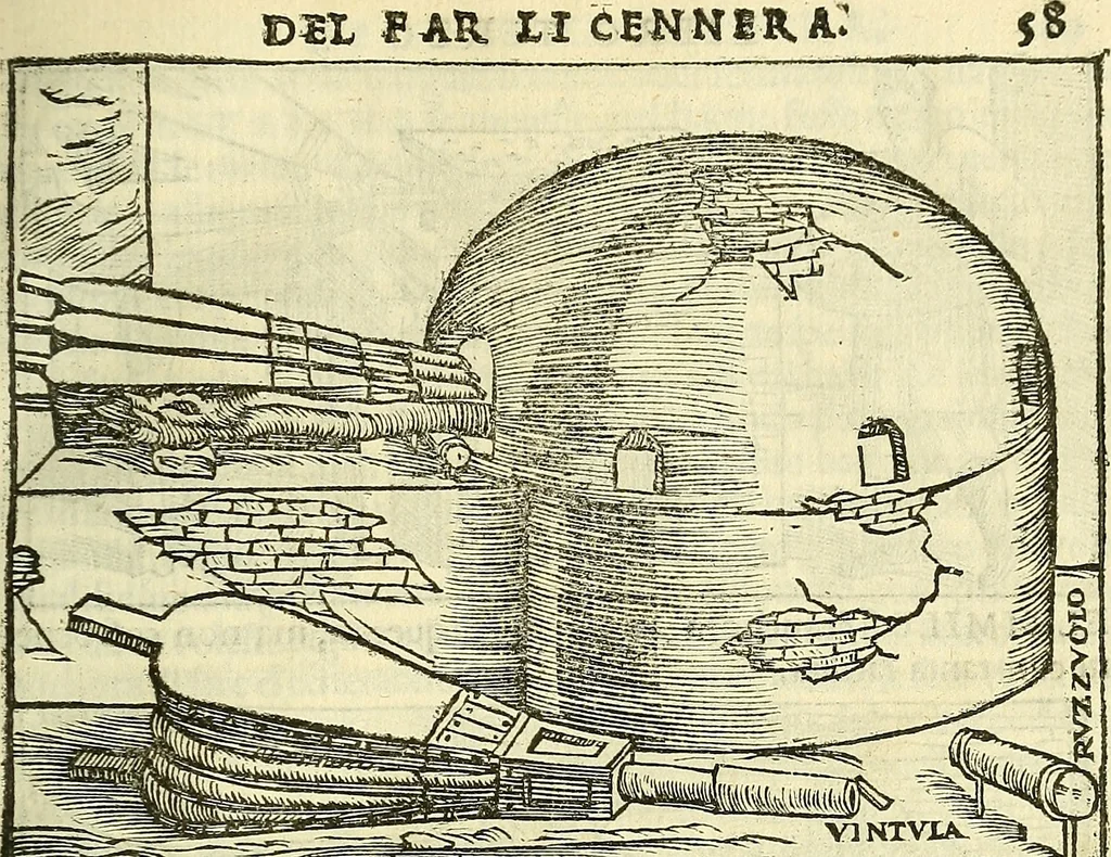 An illustration from De la pirotechnia : Libri X. doue ampiamente si tratta non solo di ogni sorte & diuersita di miniere, ma anchora quanto si ricerca intorno à la prattica di quelle cose di quel che si appartiene à l'arte de la fusione ouer gitto de metalli come d'ogni altra cosa simile à questa, 1540, leaf 134