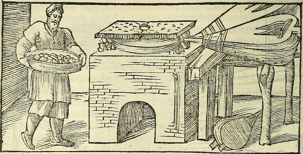 An illustration from De la pirotechnia : Libri X. doue ampiamente si tratta non solo di ogni sorte & diuersita di miniere, ma anchora quanto si ricerca intorno à la prattica di quelle cose di quel che si appartiene à l'arte de la fusione ouer gitto de metalli come d'ogni altra cosa simile à questa, 1540, leaf 135