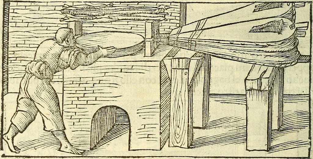 An illustration from De la pirotechnia : Libri X. doue ampiamente si tratta non solo di ogni sorte & diuersita di miniere, ma anchora quanto si ricerca intorno à la prattica di quelle cose di quel che si appartiene à l'arte de la fusione ouer gitto de metalli come d'ogni altra cosa simile à questa, 1540, leaf 135